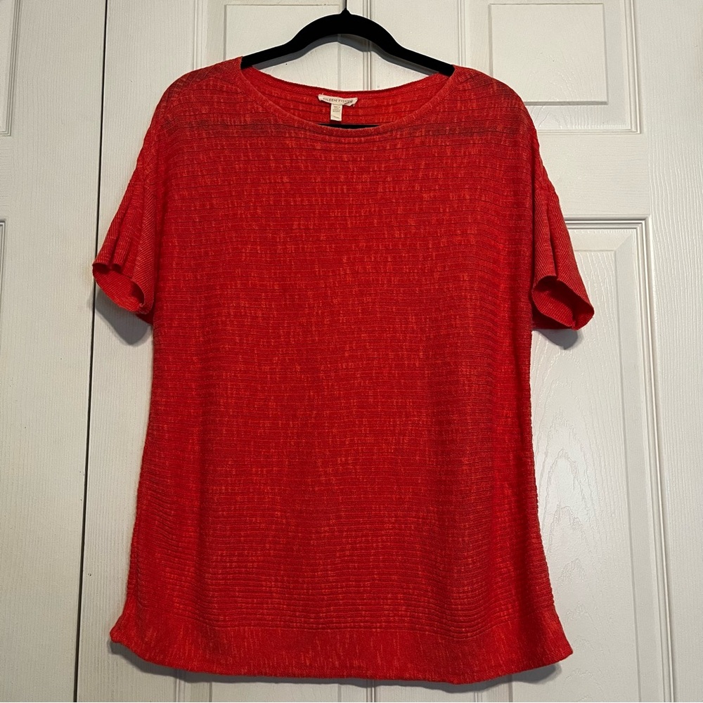 Eileen Fisher Coral Ribbed Sweater Short Sleeve Linen Cotton Blend Women’s Sz M